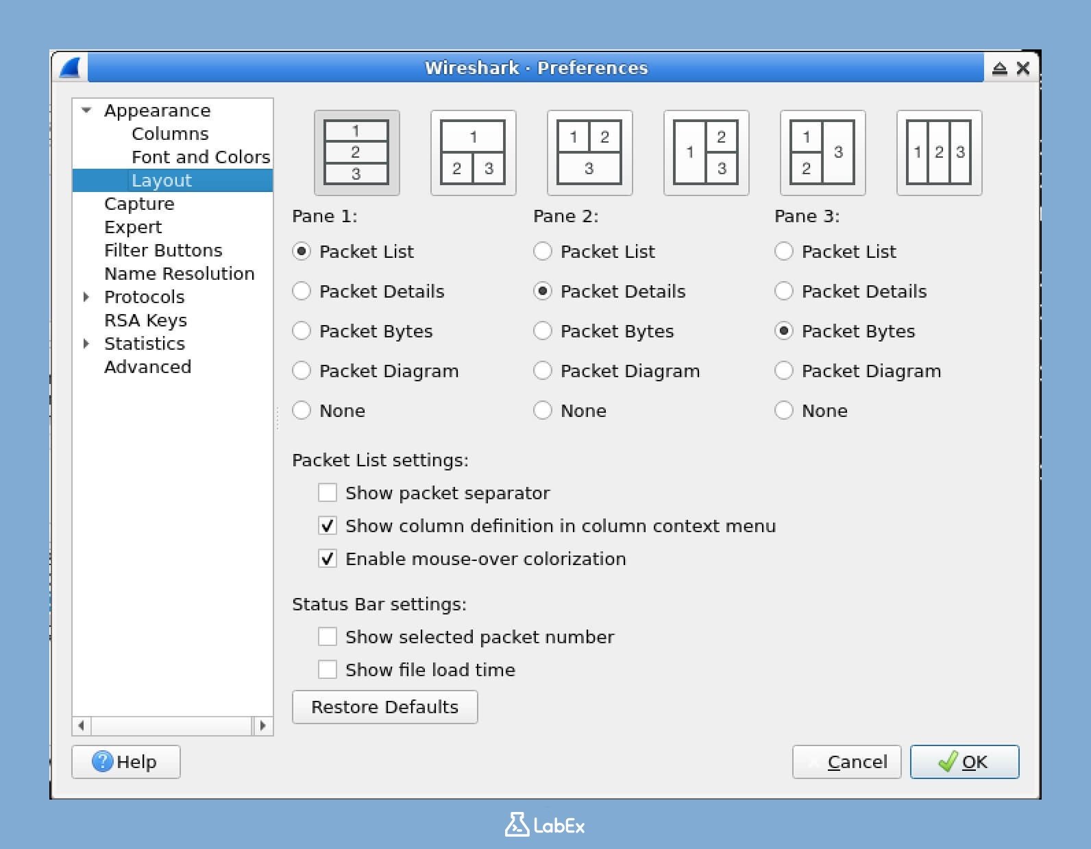 Wireshark layout options
