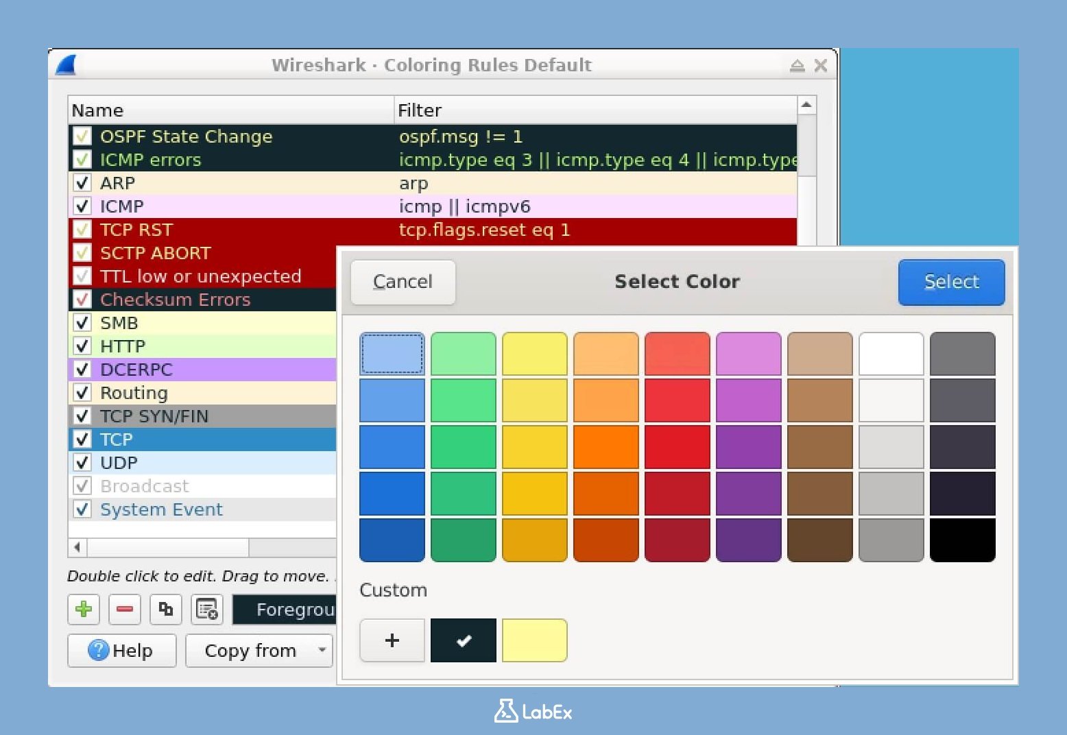 Wireshark coloring rules setup