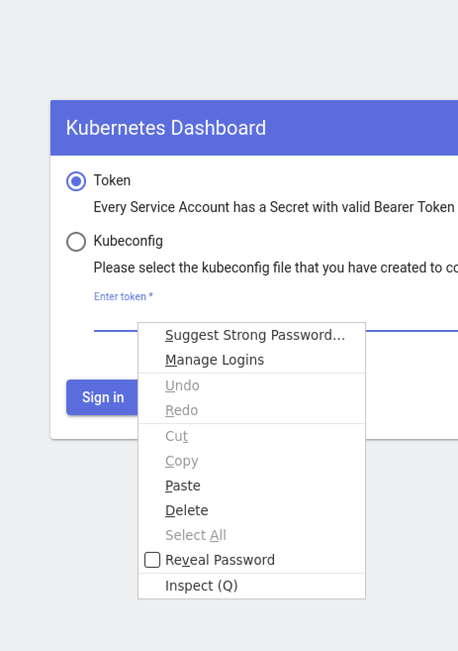 Kubernetes Dashboard login page