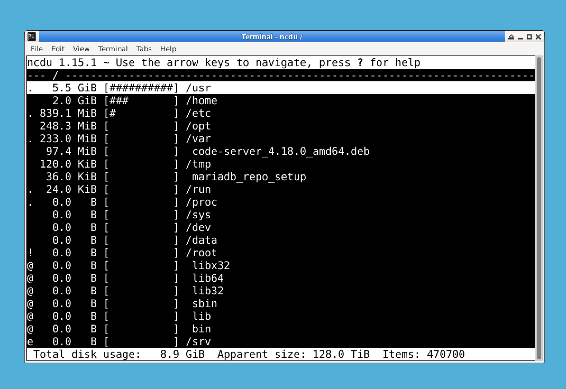 Interface d'utilisation du disque de ncdu