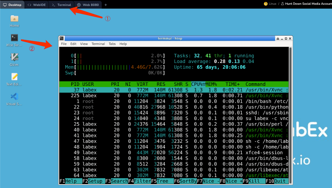 Interfaz de monitoreo de procesos de htop