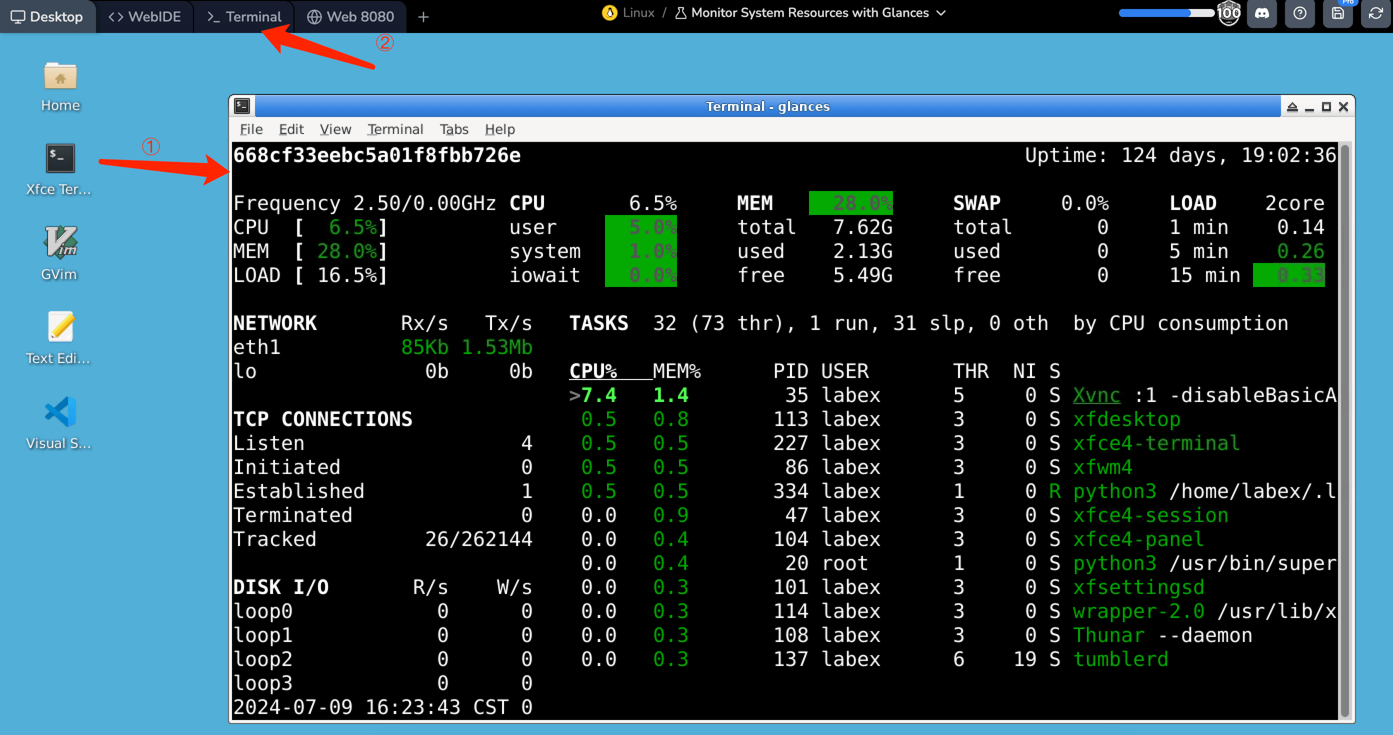 Glances system monitoring interface