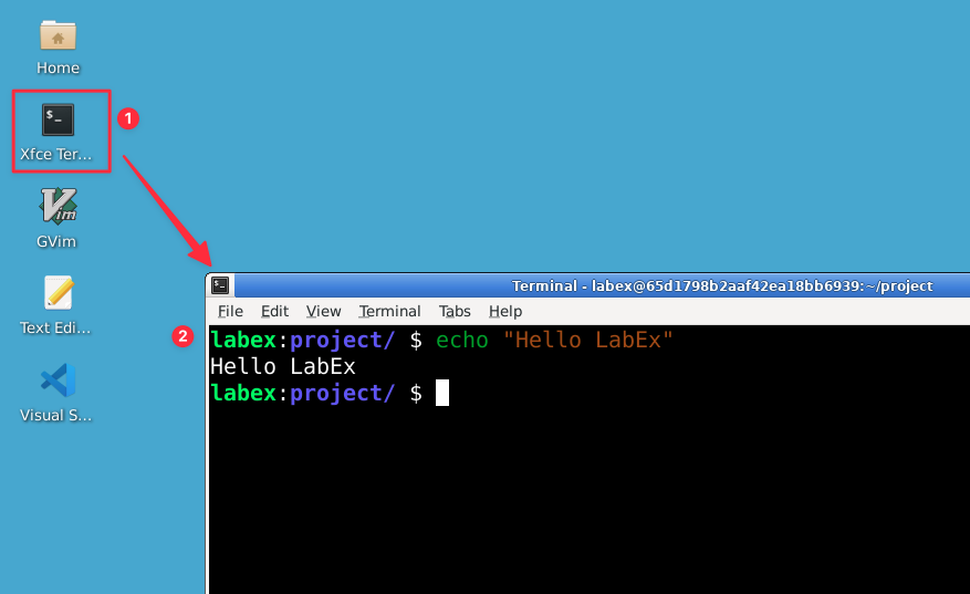 Terminal zeigt "Hello LabEx" an