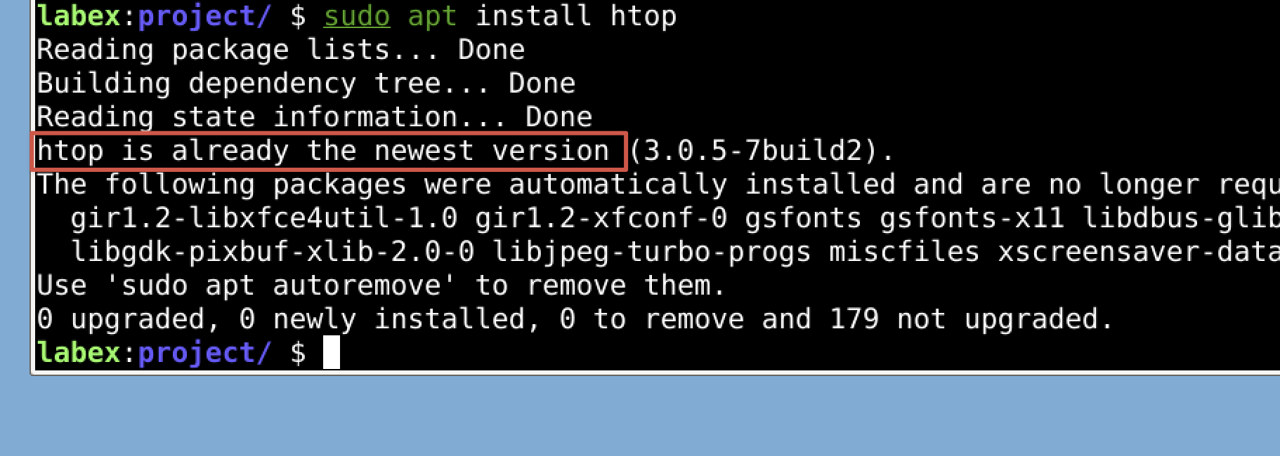 Terminalausgabe der htop-Installation