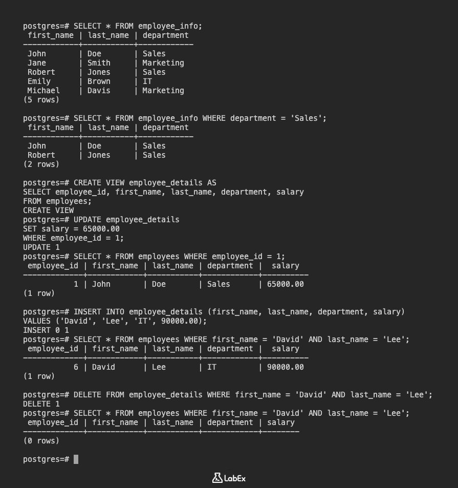 PostgreSQL view modification example