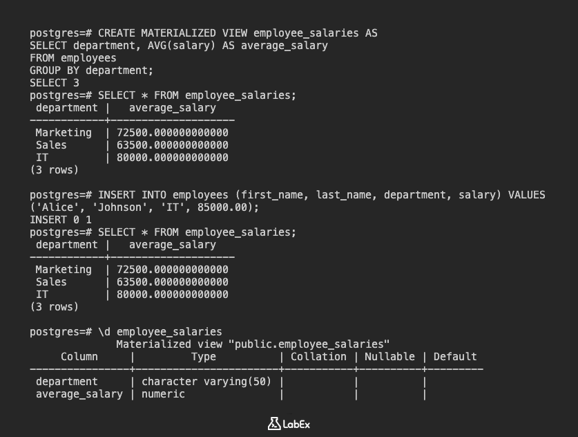 PostgreSQL materialized view description