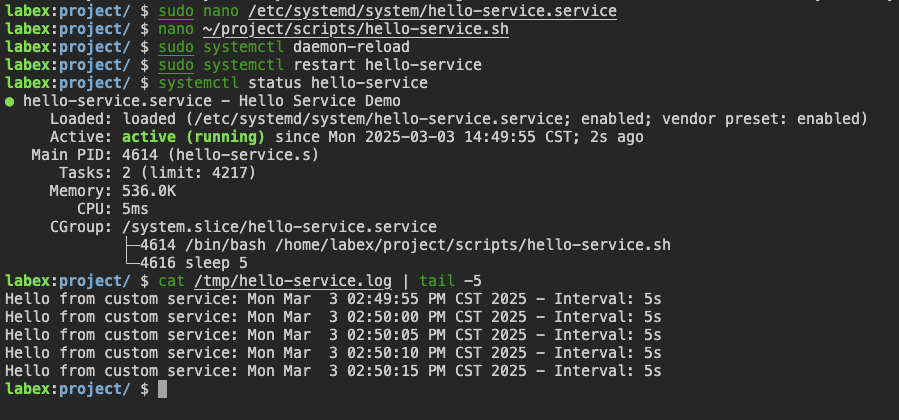 cat /tmp/hello-service.log | tail -5