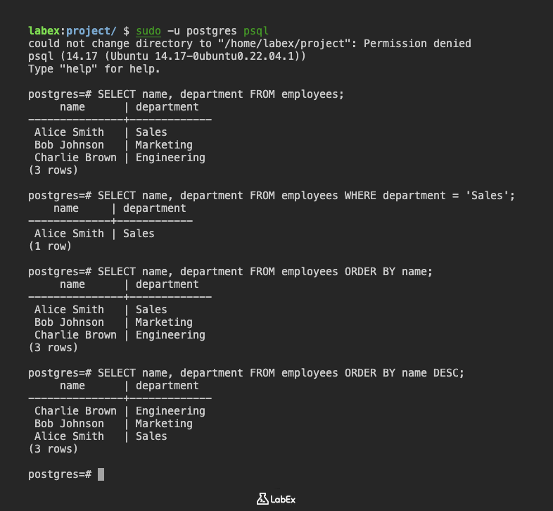 Grundlegende Datenoperationen in PostgreSQL | LabEx