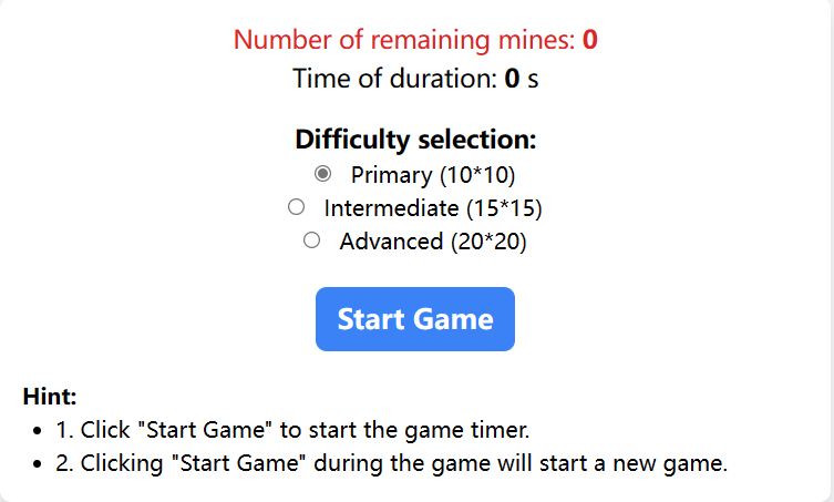 Minesweeper game interface