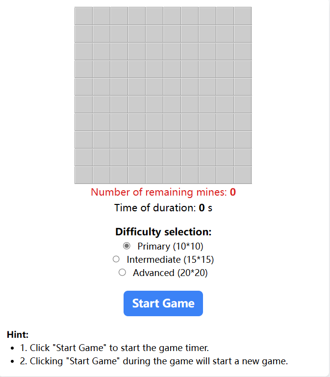 Minesweeper game grid display