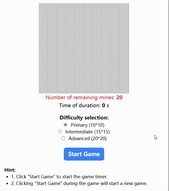 Aperçu de l'interface du jeu de démineur