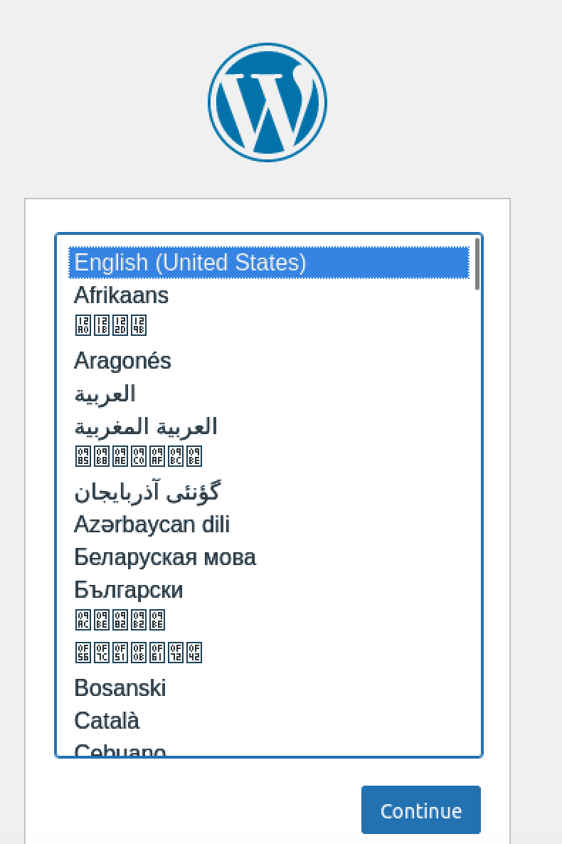 WordPress installation wizard start