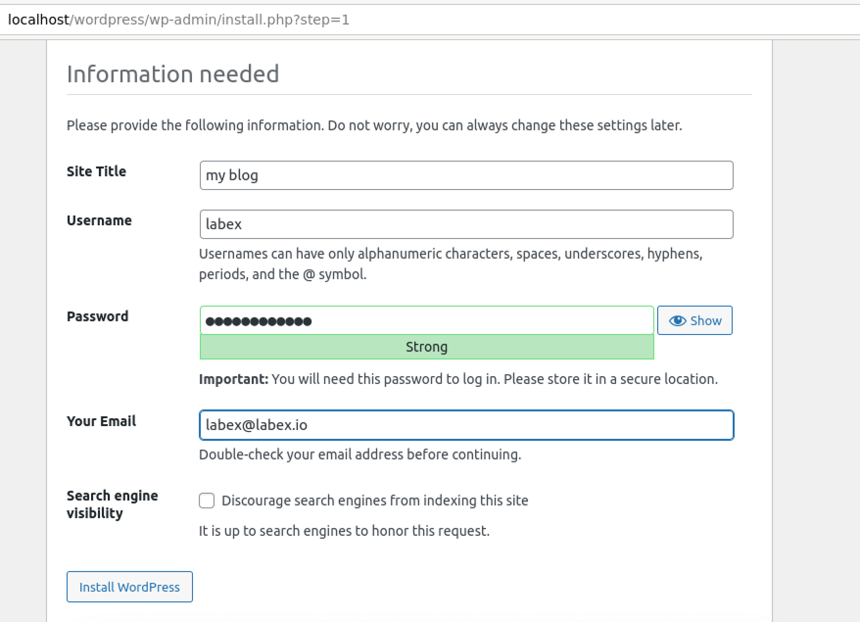 WordPress setup completion screen