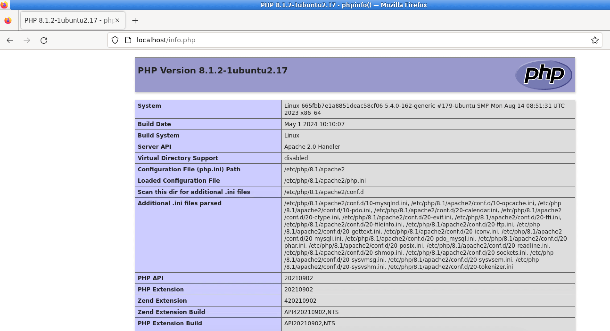 Apache PHP configuration result