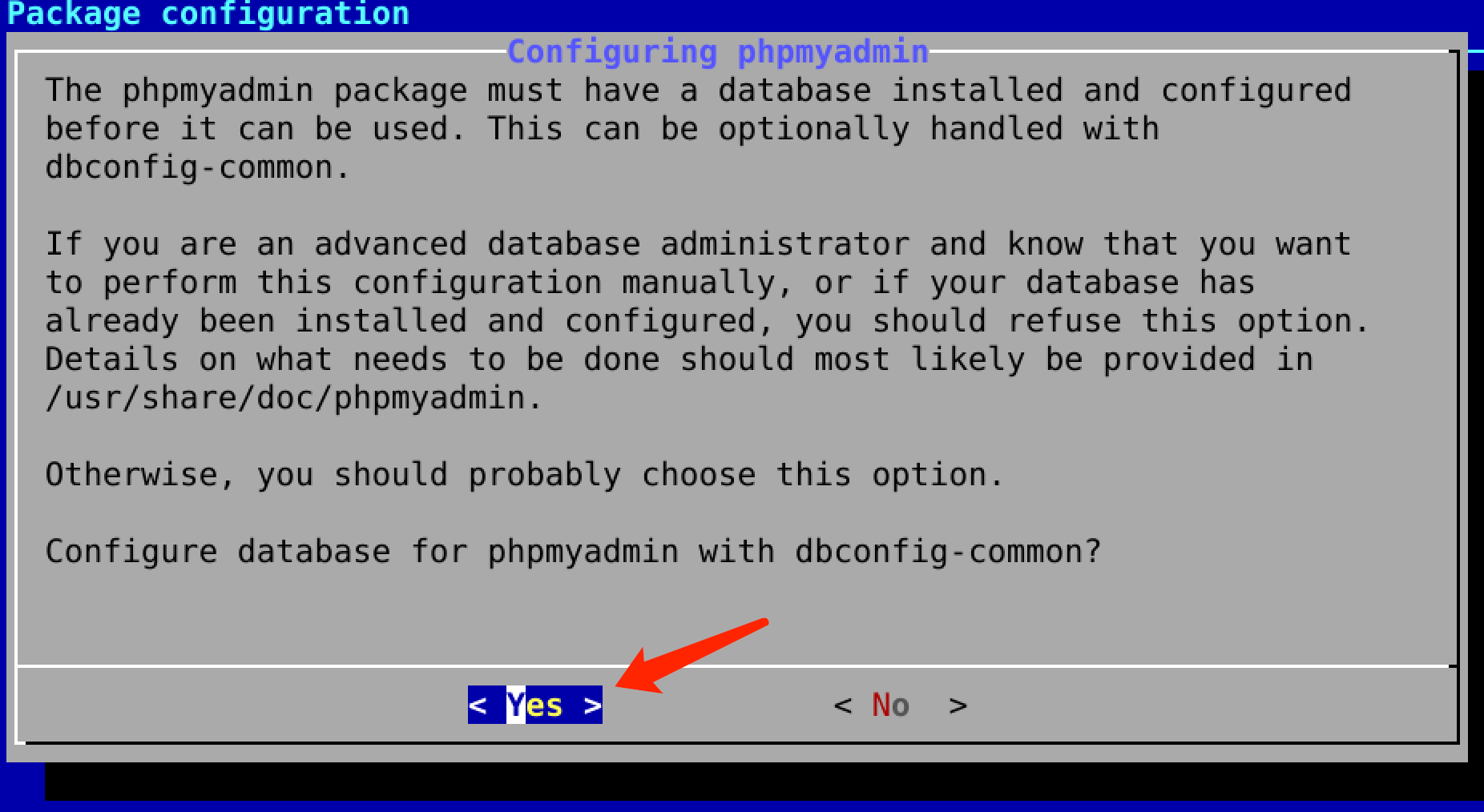 Select database configuration prompt