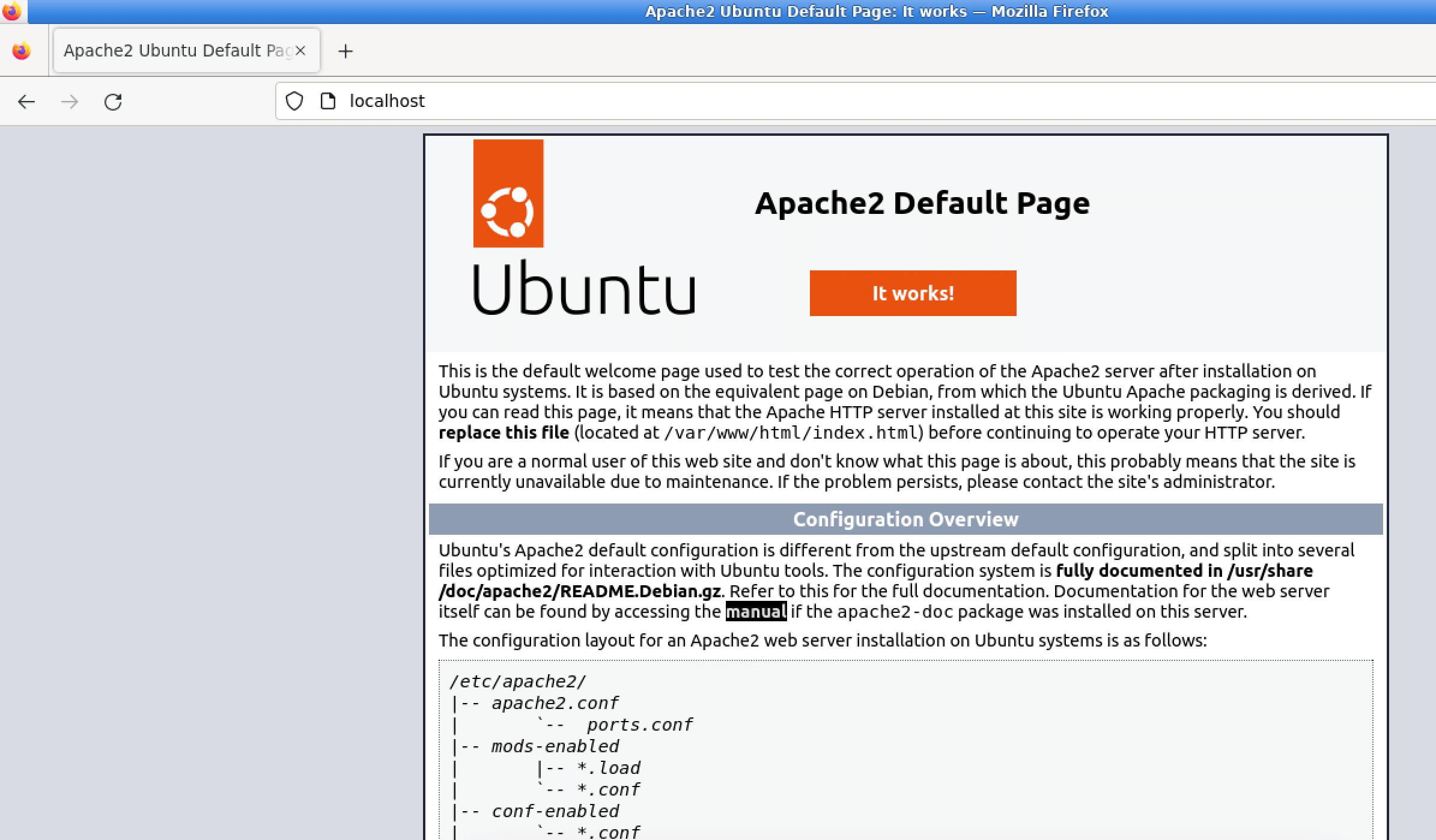Page de bienvenue d'Apache affichée
