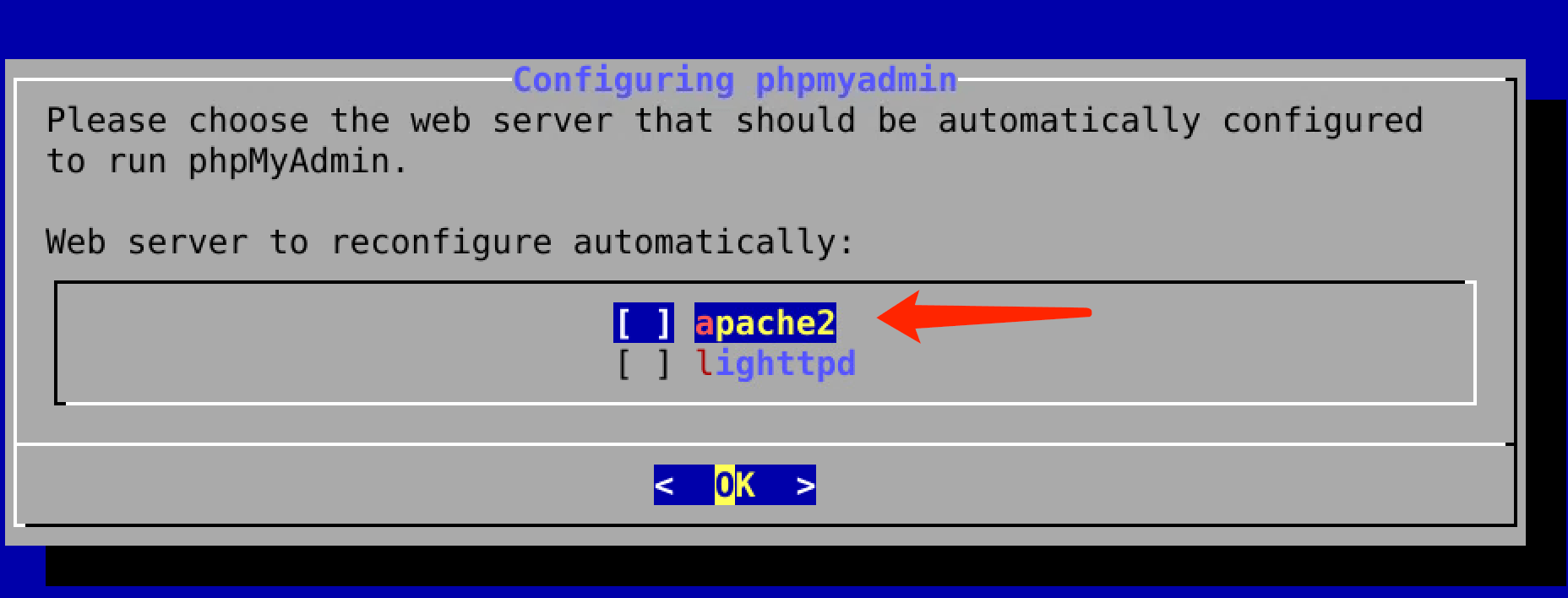 安装过程中选择 Apache2