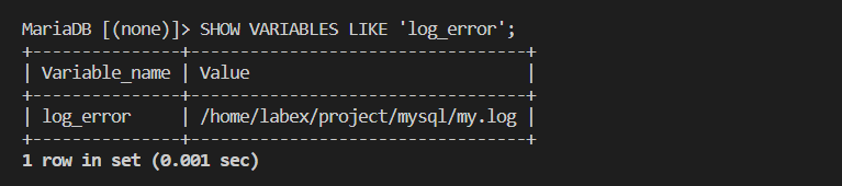 Vista previa de la configuración del registro de errores de MySQL