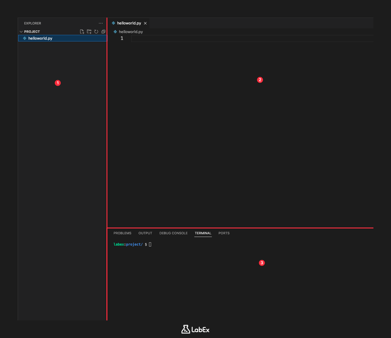 VS Code-Oberfläche mit Datei-Explorer, Editor und Terminal