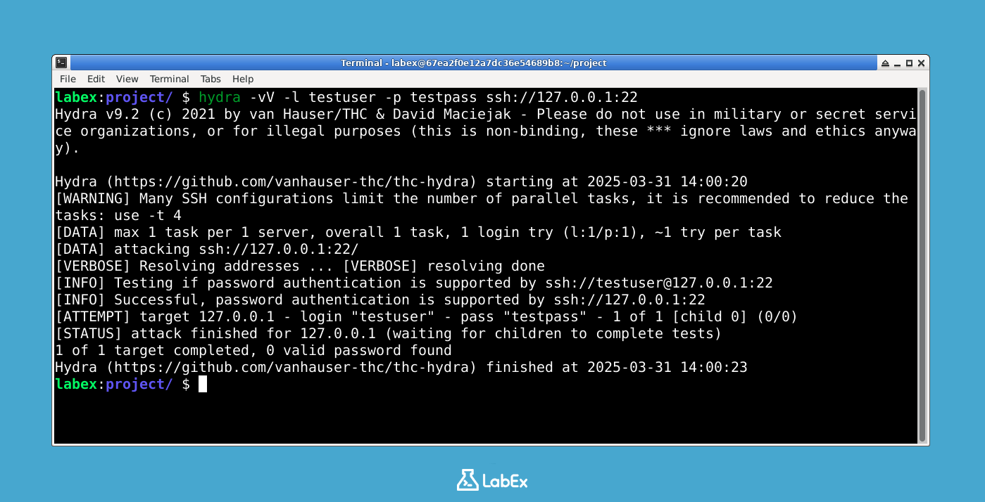 Hydra を使った SSH 攻撃の基本を習得 | LabEx