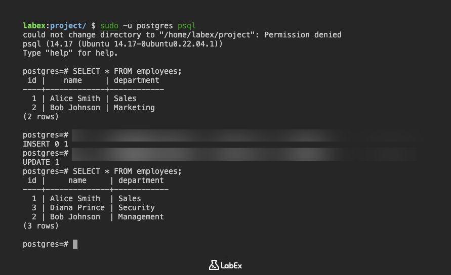 Example result of querying employees table
