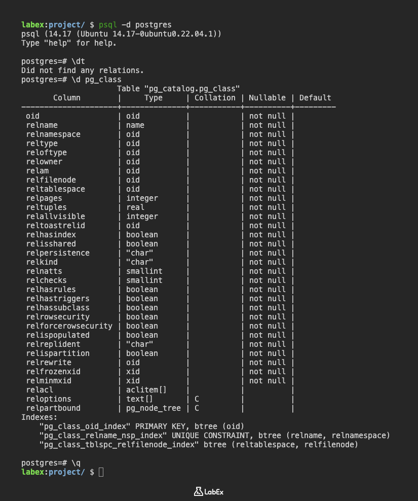 Struktur der pg_class Tabellenausgabe