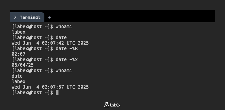 Screenshot of whoami and date commands output