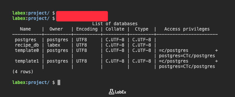 Example output of psql -l command
