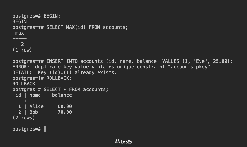 Beispiel für das Rückgängigmachen einer PostgreSQL-Transaktion