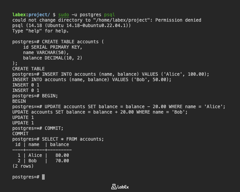 PostgreSQL transaction example output