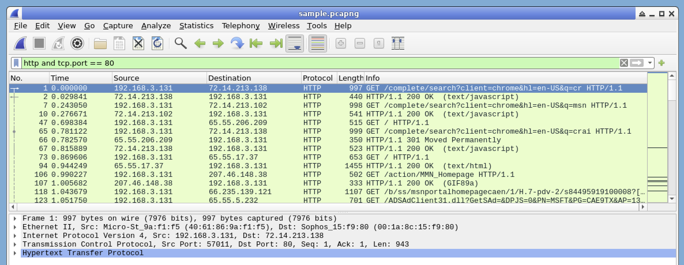Example of combined filter in Wireshark