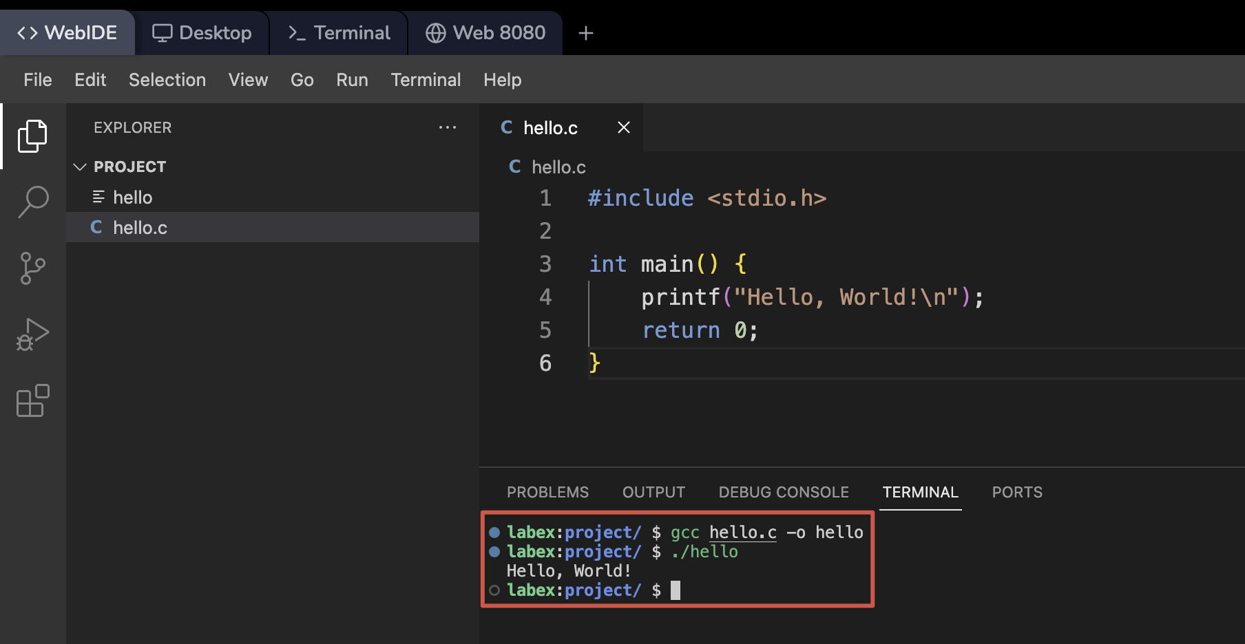 Terminal, das ein C-Programm ausführt