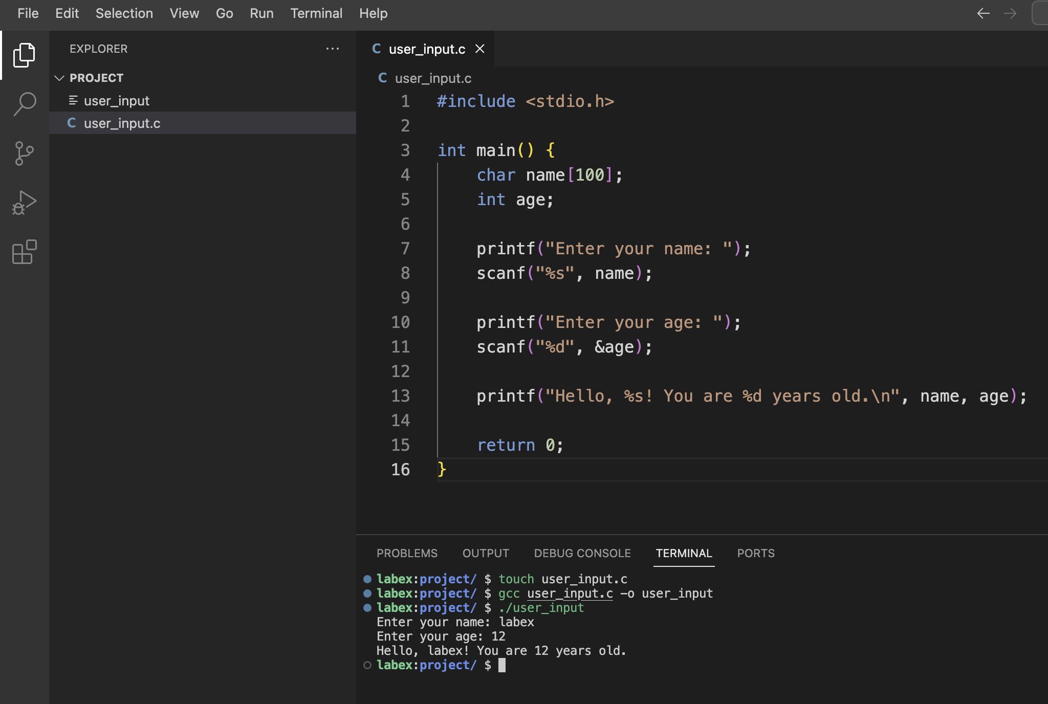 Terminal compiling C program