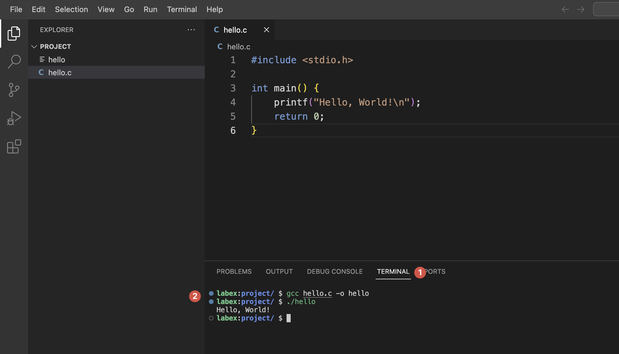 Terminal running C program