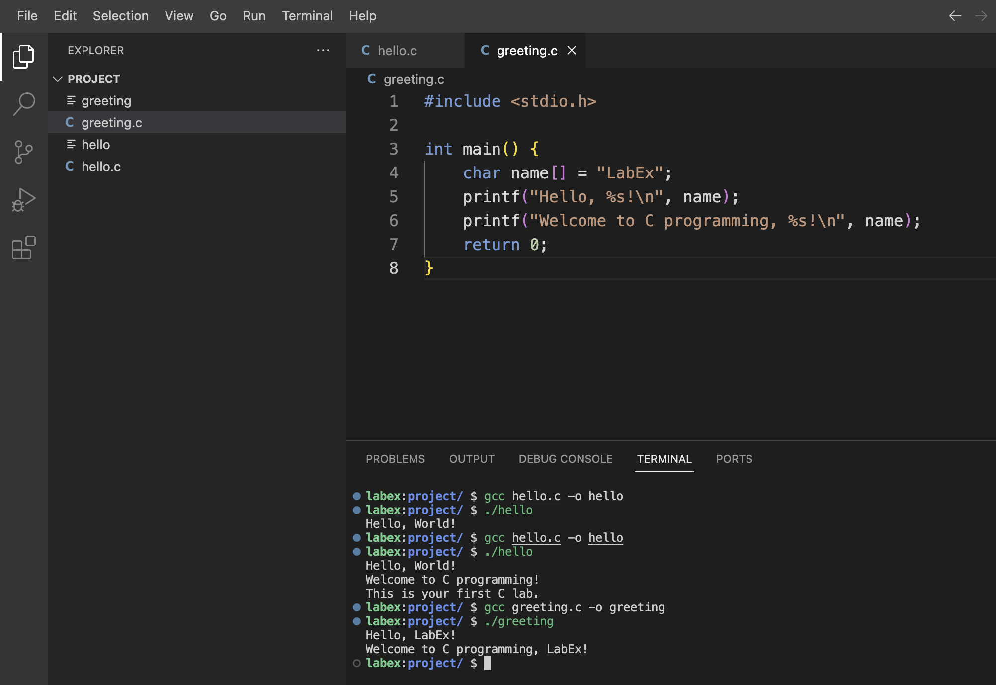 C code editor screenshot