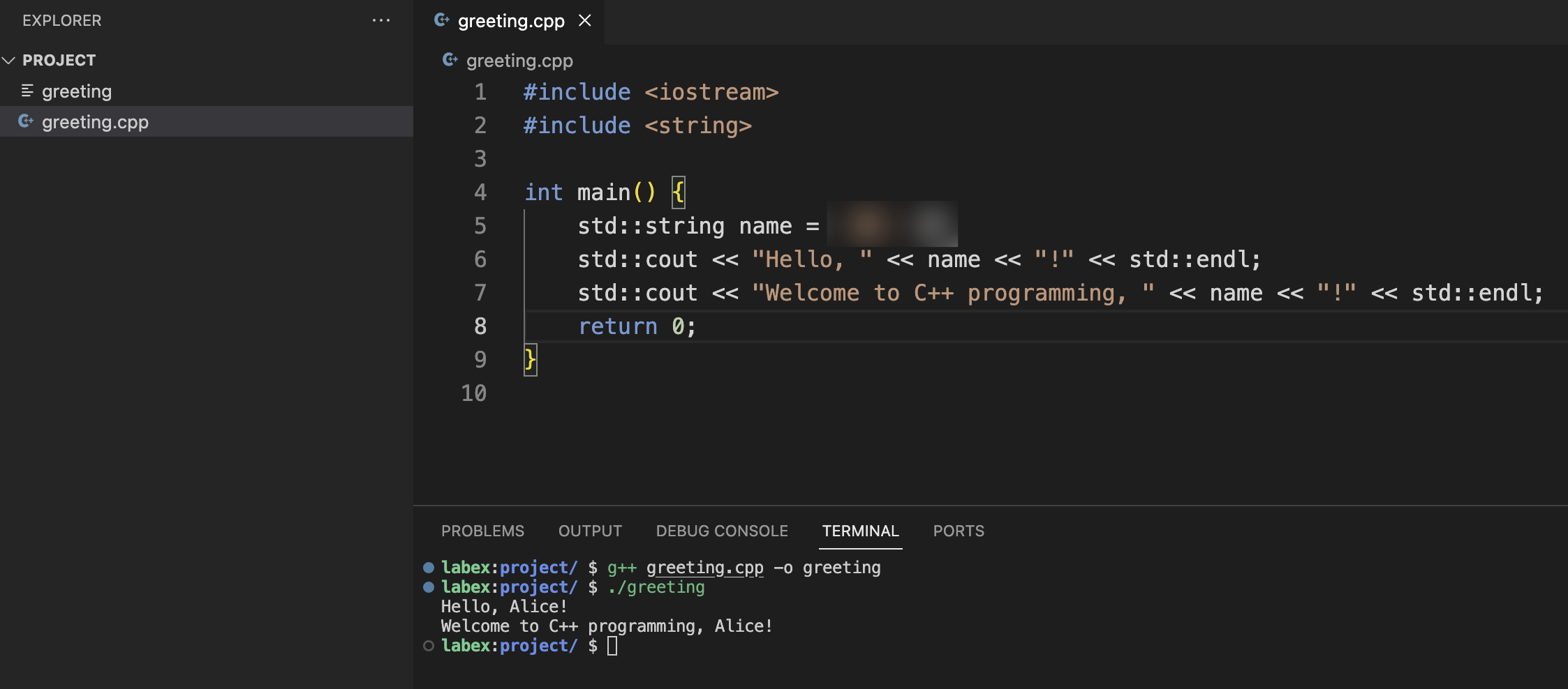 C++ greeting program output