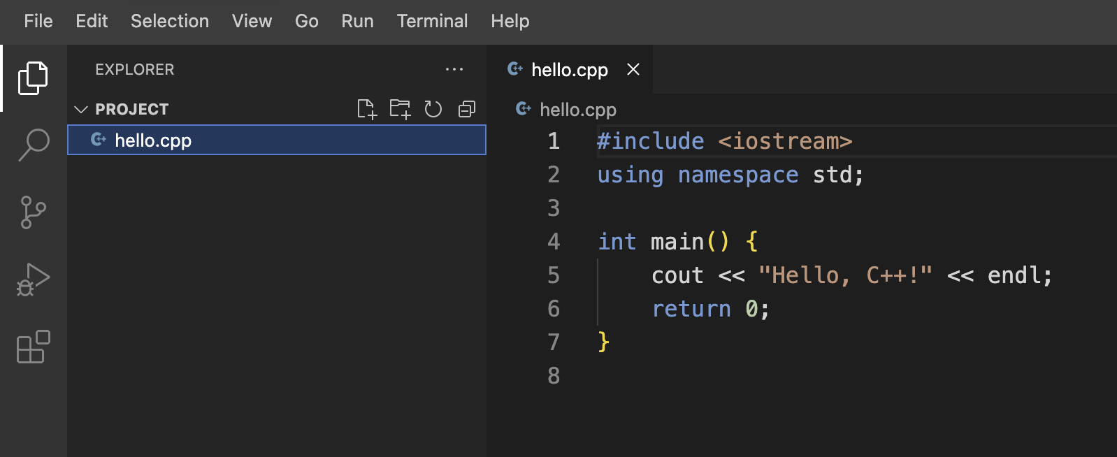Captura de pantalla del editor de código C++
