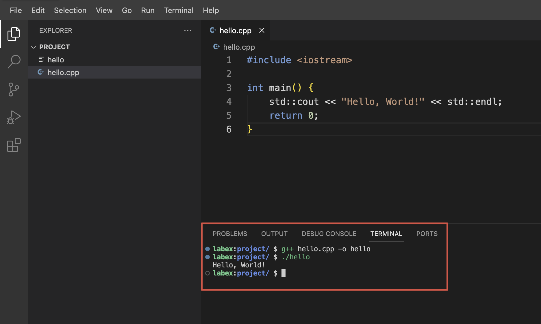 Terminal mostrando la salida Hello World