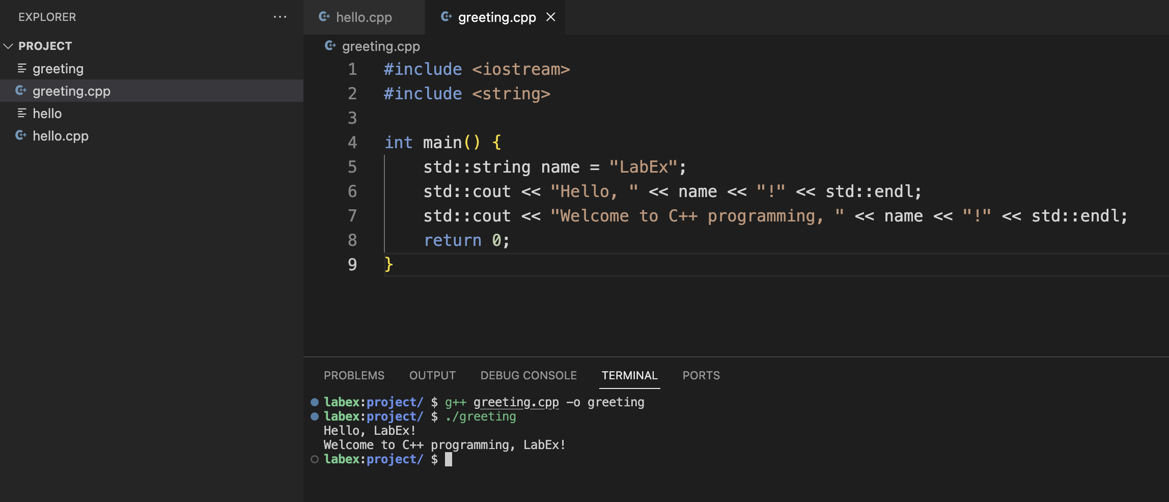 Sortie du terminal avec la salutation