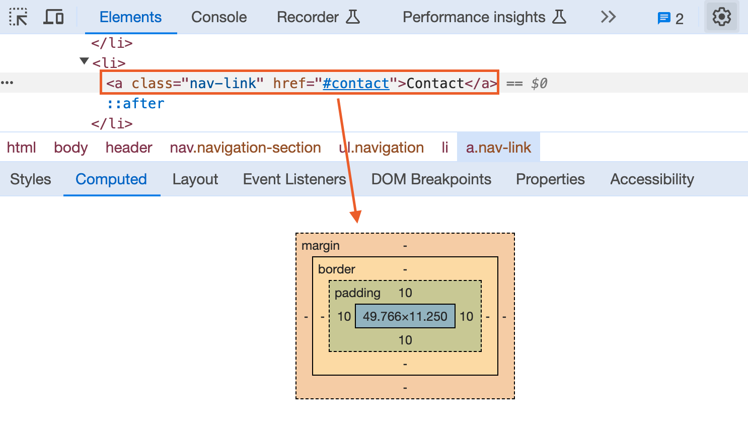 Developer tools box model view