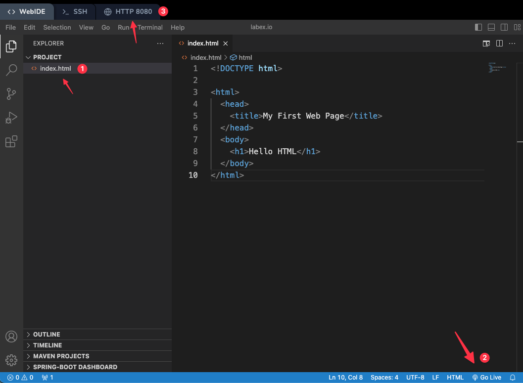 Código HTML en el WebIDE