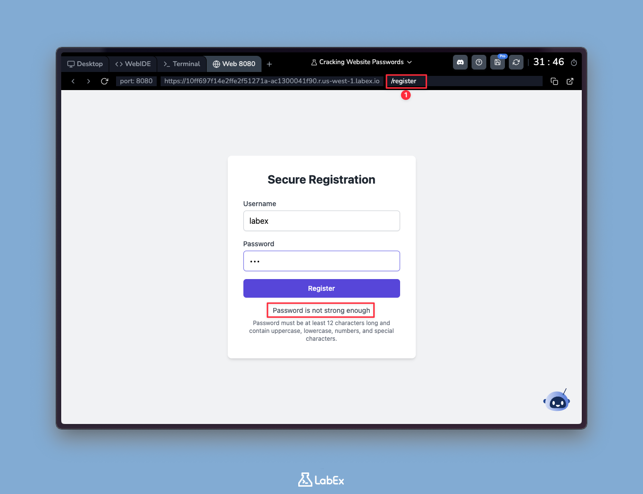 User registration form interface