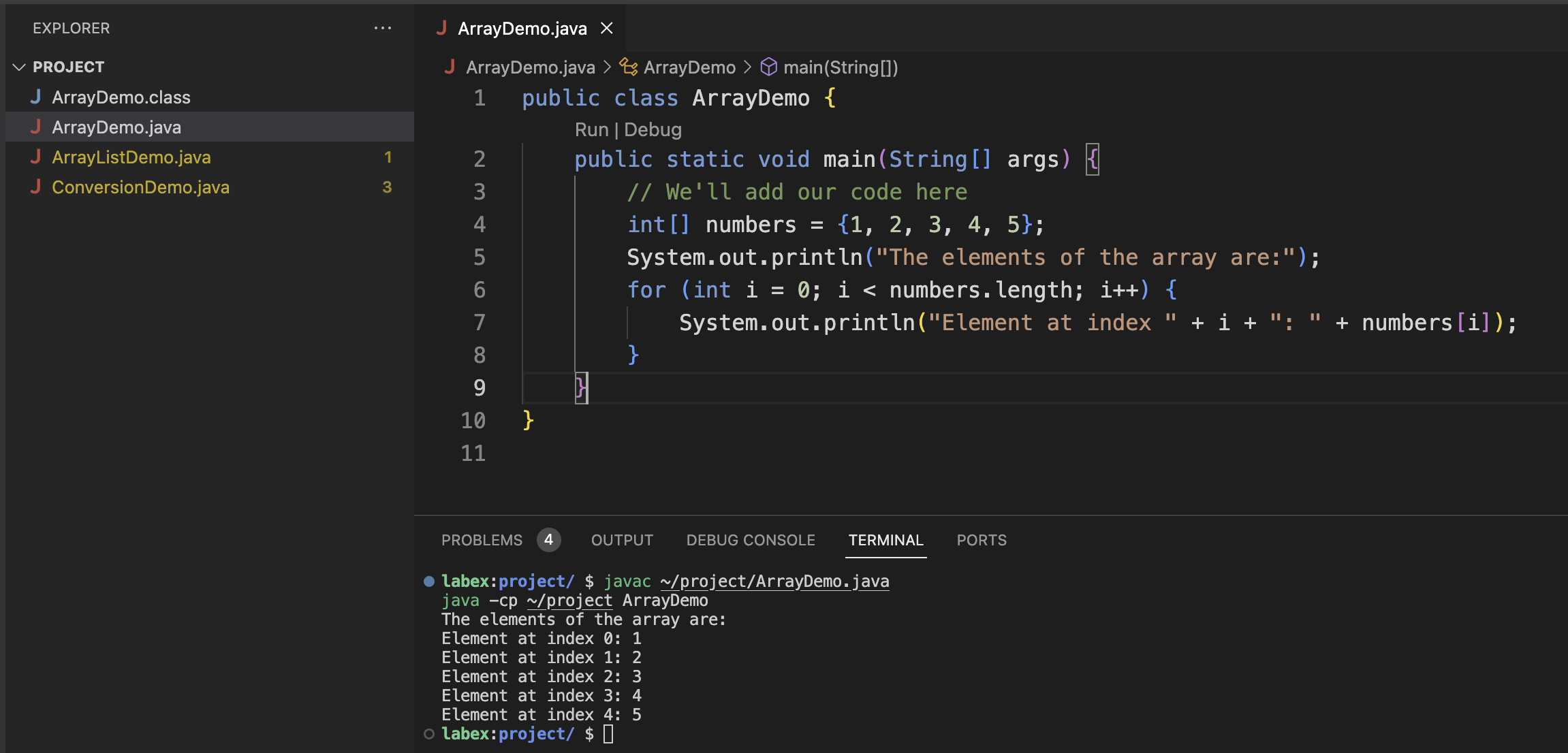 Java array elements output