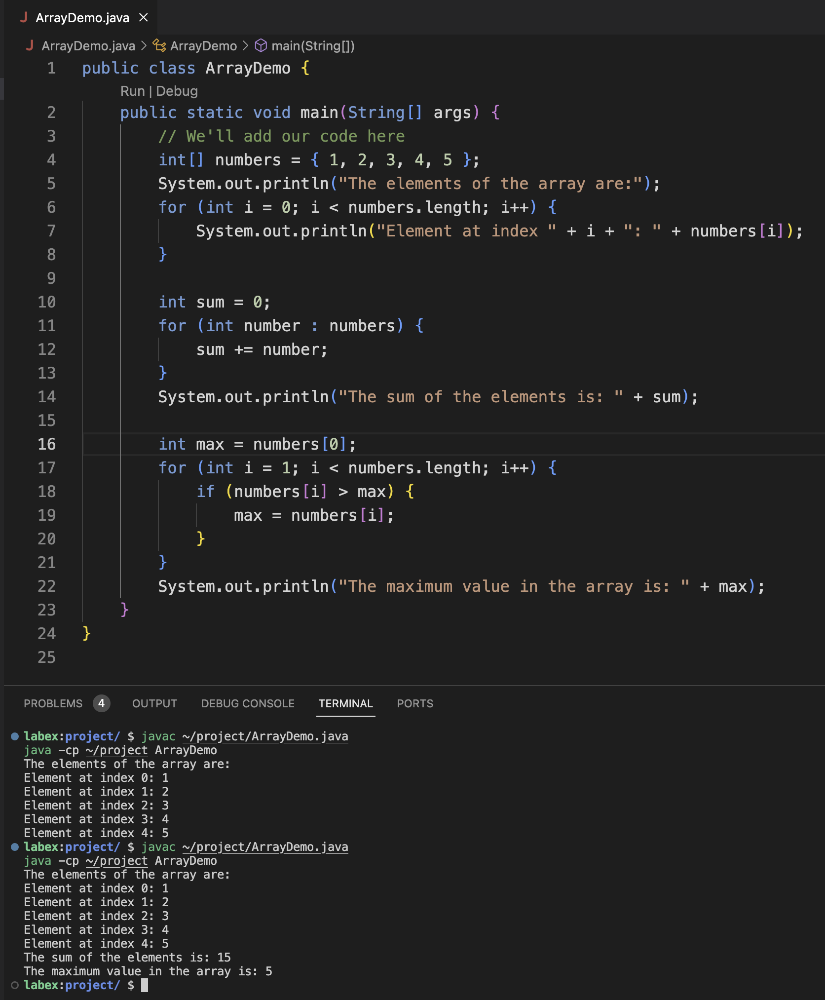 Java array output example