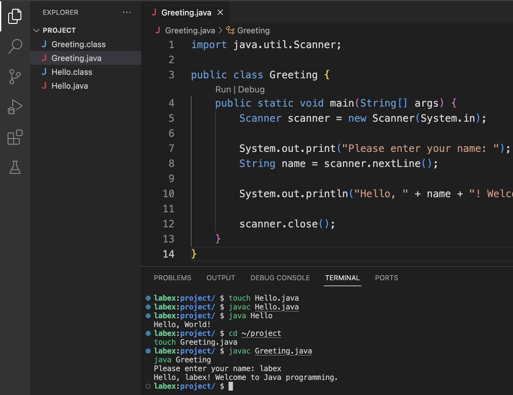 Java program greeting output