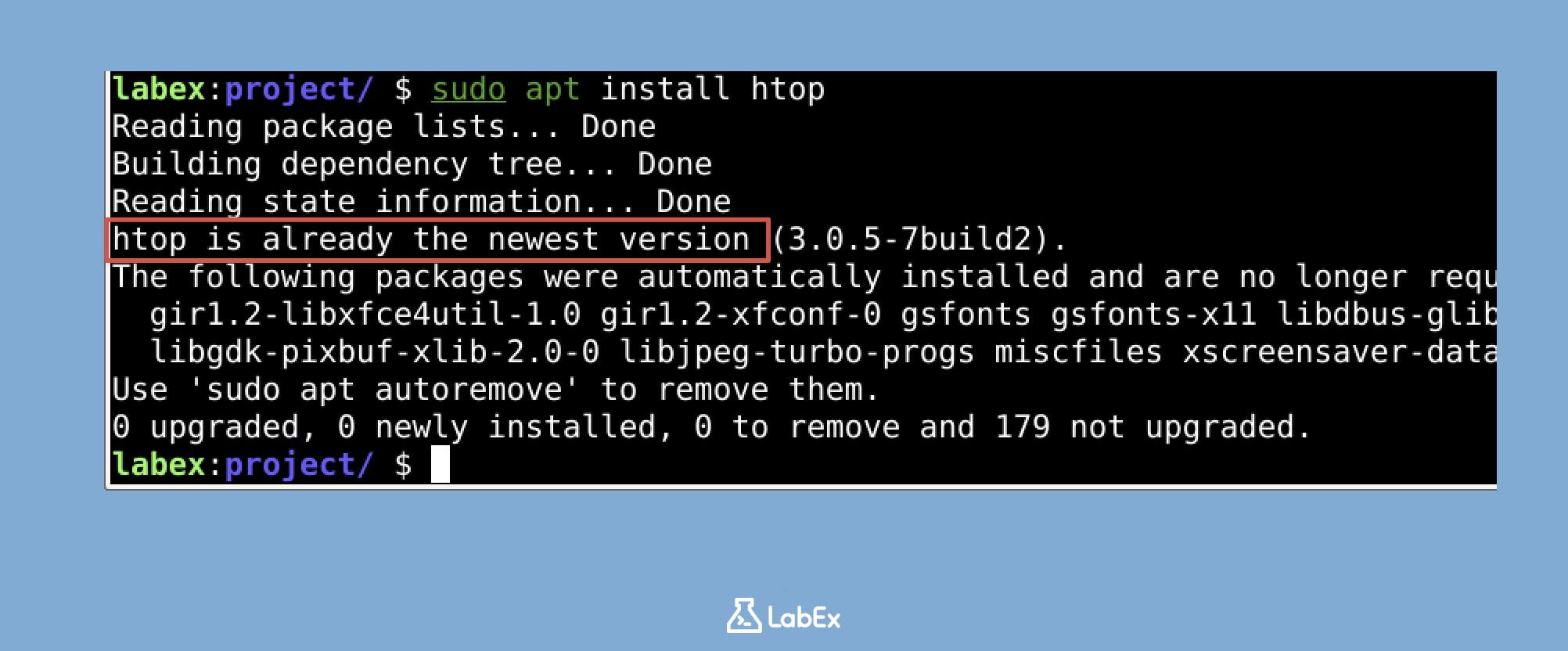 终端显示 htop 安装输出