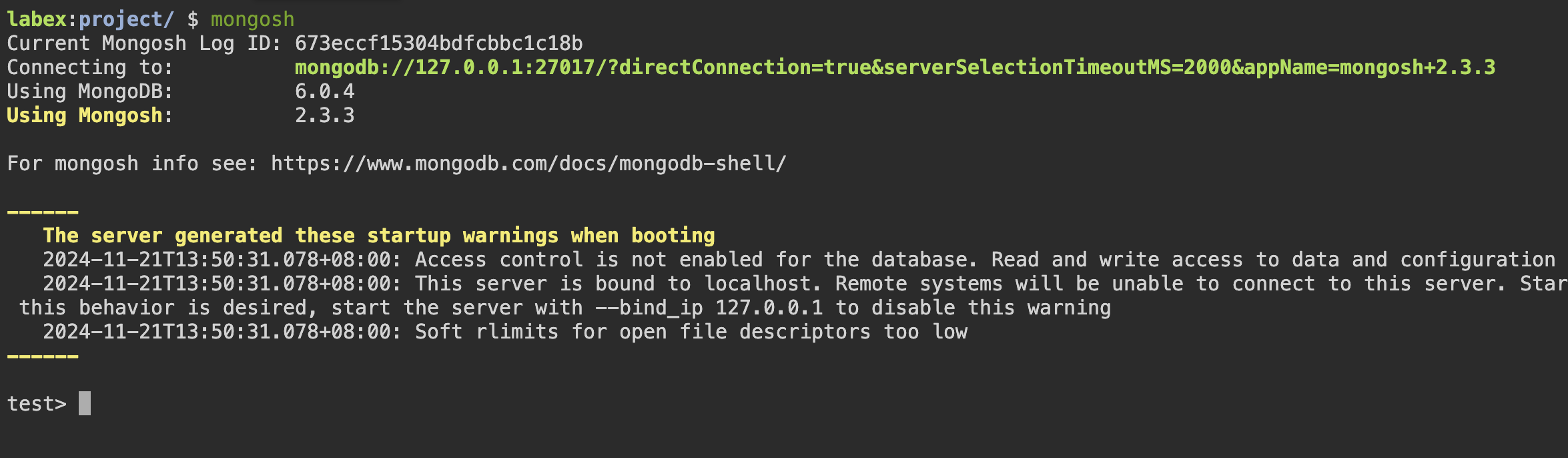 Message de connexion du shell MongoDB