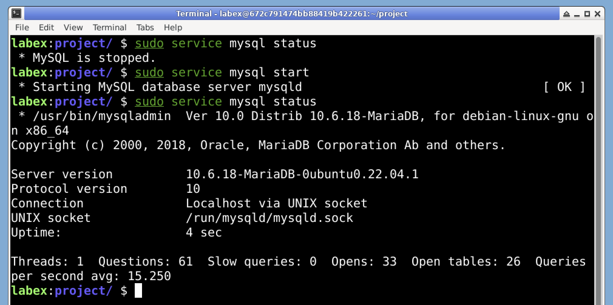 MySQL service status output