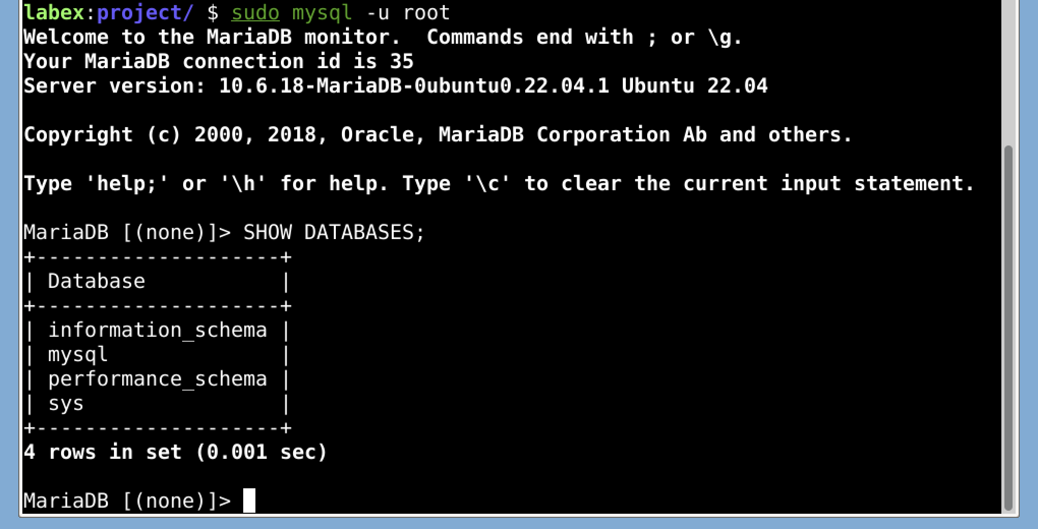 MySQL databases list output